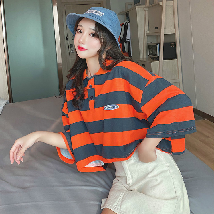 Real photos of Japanese-style retro polo shirts for women in summer, short-sleeved loose Hong Kong-style half-sleeved T-shirts, and summer tops pic 19