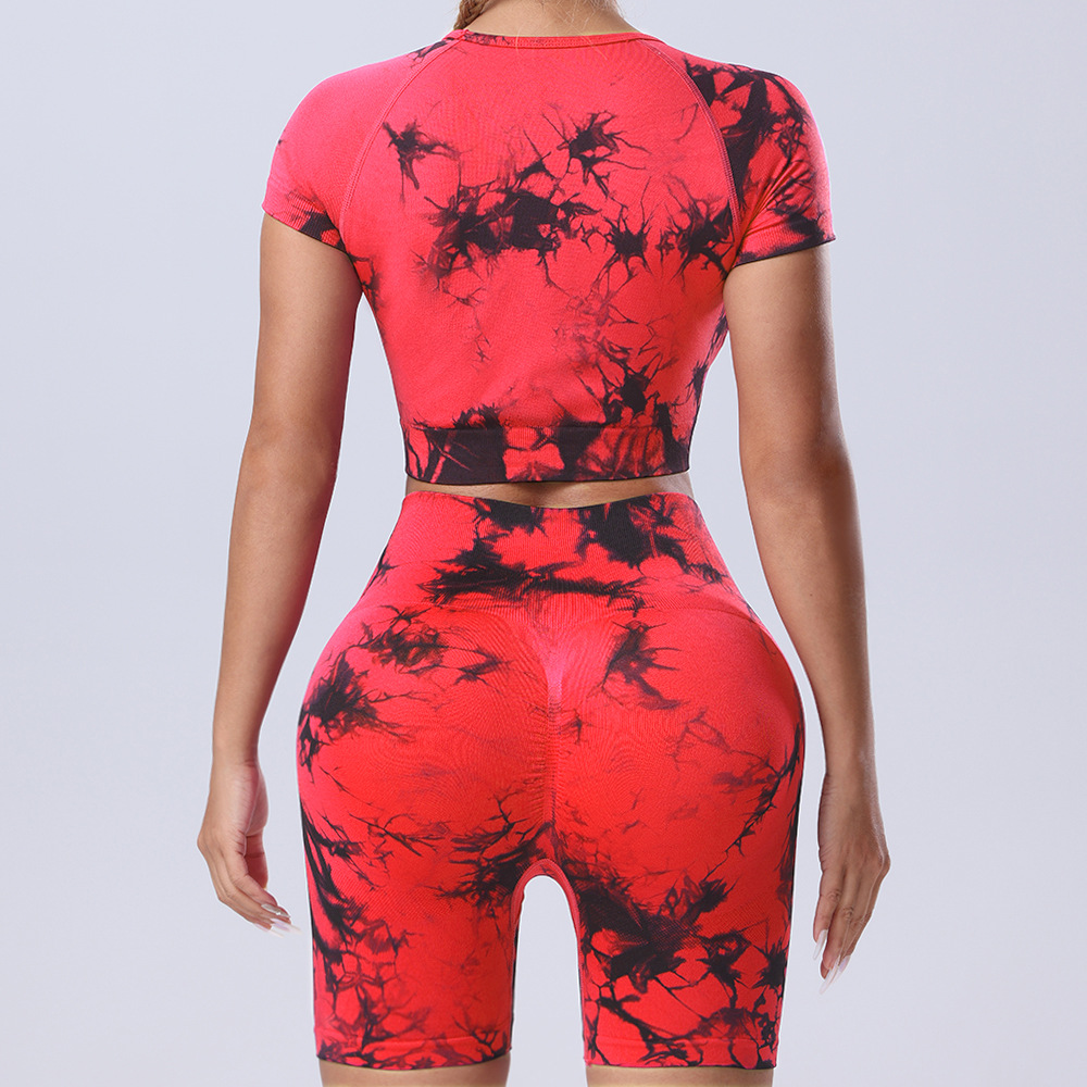 欧美跨境新品扎染瑜伽服套装提臀速干运动健身扎染短袖短裤两件套详情17