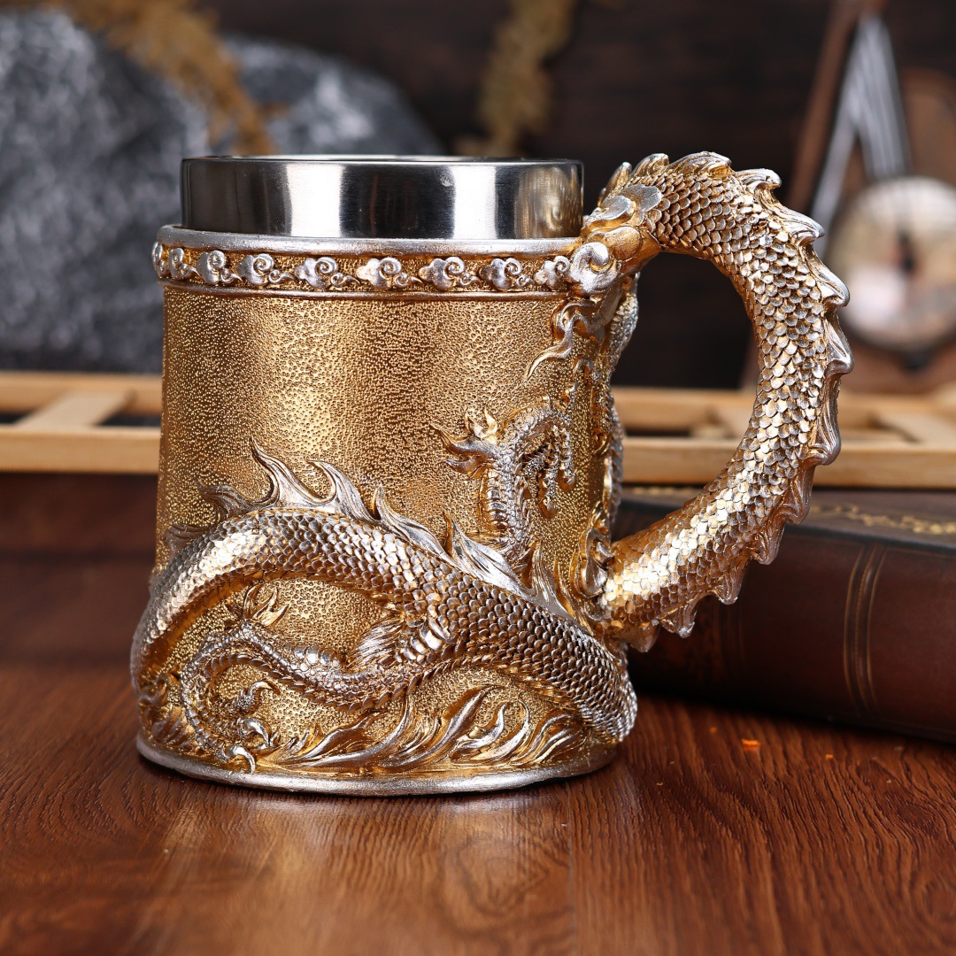 Divine Oriental Golden Dragon Cup, creative wine glass, dragon sculpture, Holy Cup, coffee cup, retro decorative mug pic 11