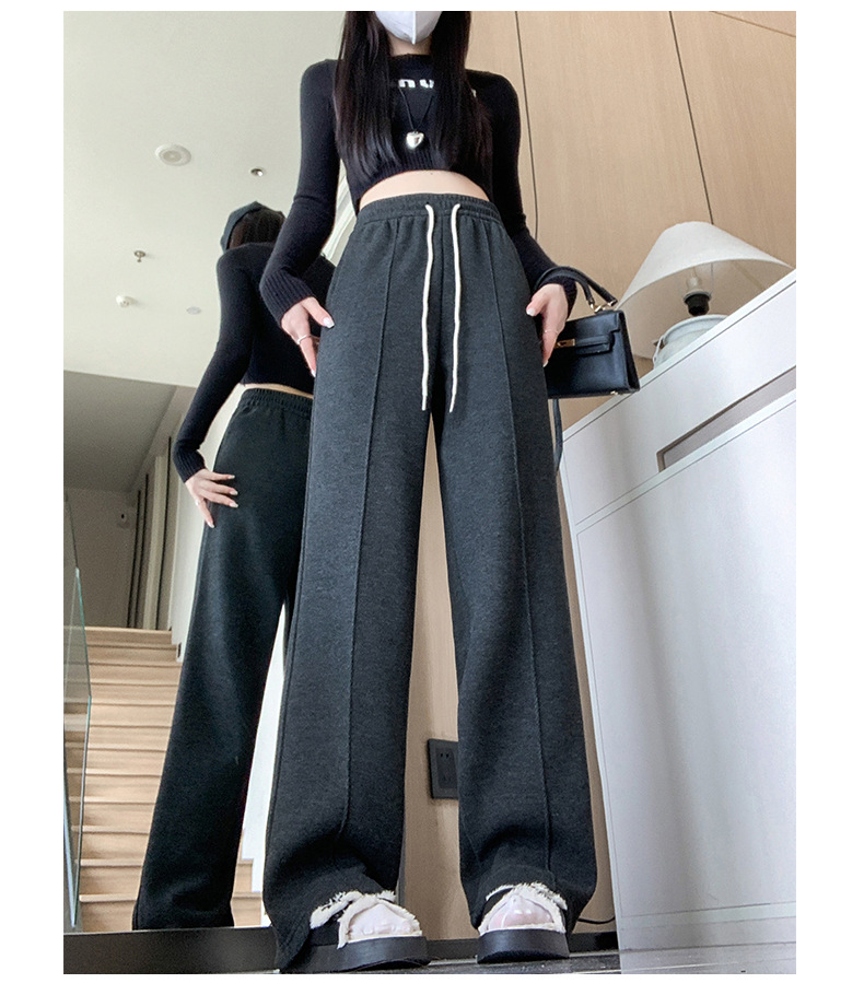 灰色直筒裤女秋冬裤子2024新款人字纹毛呢裤长裤羊羔绒窄版阔腿裤详情25