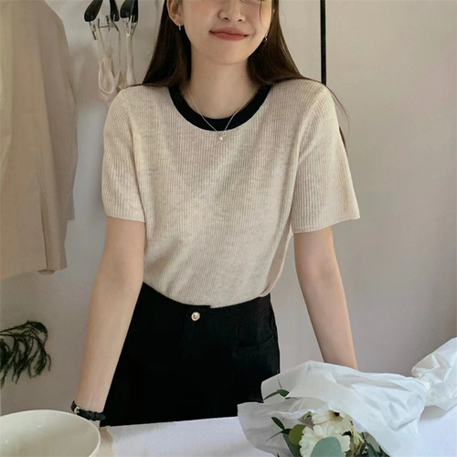 2023夏季新款韩版气质重工提花微透针织衫女圆领针织短袖T恤女毛详情16
