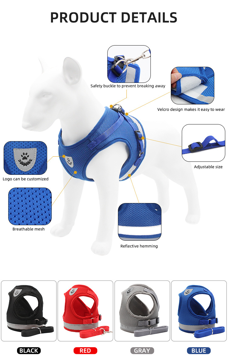 Pet chest and back strap, breathable and comfortable, solid color, dog chest and back for outdoor walking, explosion-proof and impact-resistant pet chest and back leash pic 2