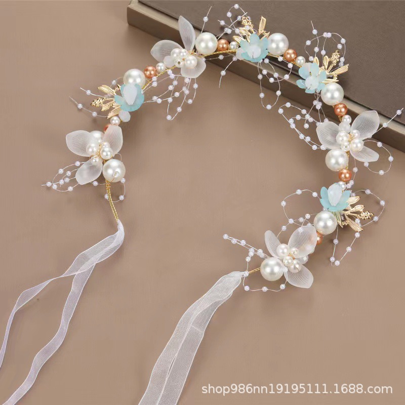 Children's ribbon garland headwear, super fairy-like golden leaf headband, flower garland, pearl hair band, bride garland headwear pic 5