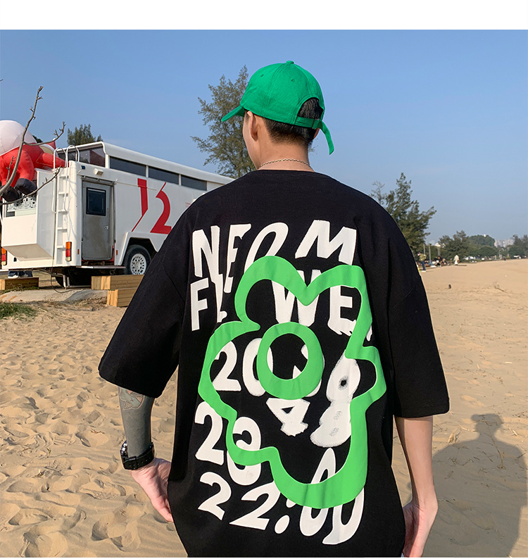 潮牌男装直播货源 190g克新疆棉宽松韩版T恤发泡印花朵袖短男t详情10