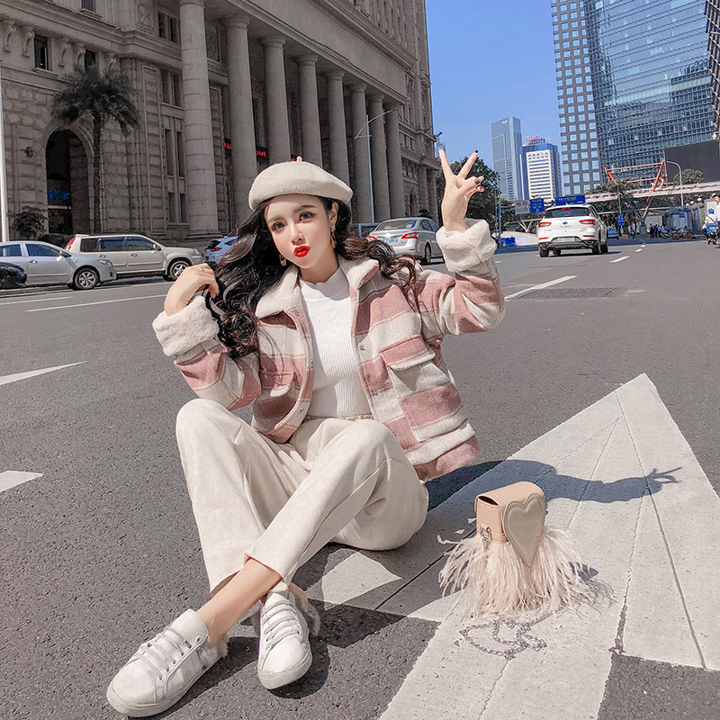 New loose checkered thickened windbreaker, short and versatile woolen coat for petite people pic 10