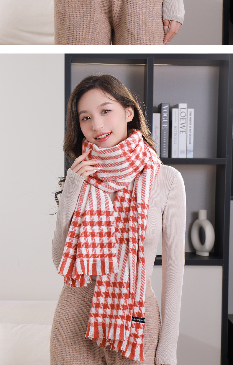 New autumn and winter checkered short beard imitation cashmere scarf for female students, warm and versatile soft shawl manufacturer wholesale pic 13