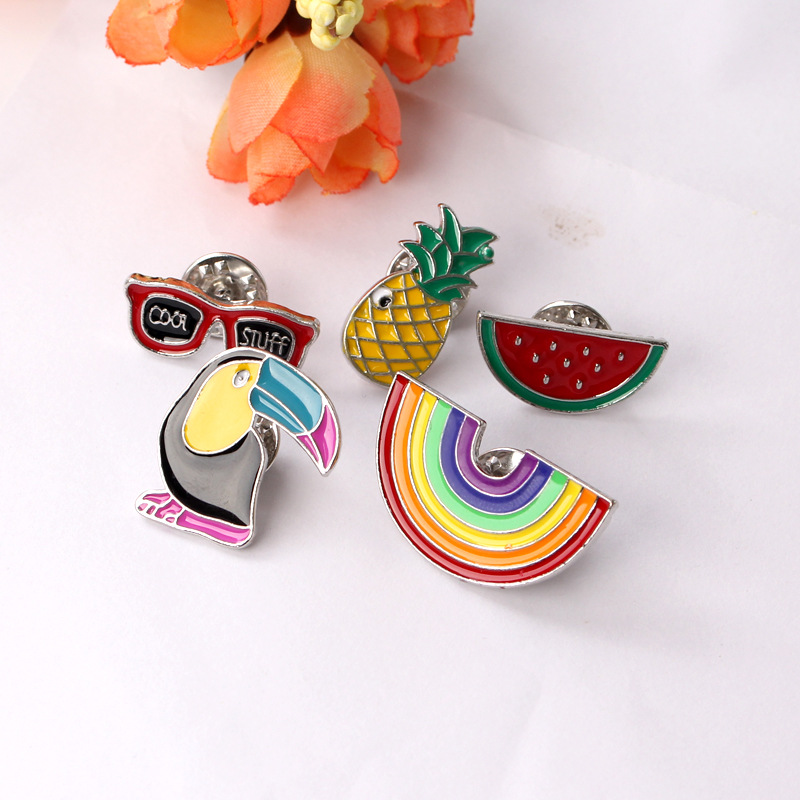 European and American accessories cartoon set brooch, woodpecker, watermelon, pineapple, rainbow pin set, corsage badge pic 7