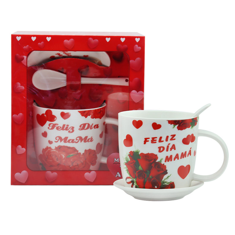 外贸西语母亲节陶瓷杯咖啡杯套装带底盘带柄勺早餐杯牛奶马克杯妇女节礼品送妈妈的礼物支持做客多语logo节庆礼品工厂直供详情1