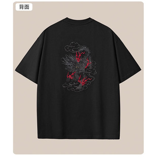 国潮夏季新款260克重磅纯棉短袖t恤男中国风锦鲤刺绣宽松大码男装批发 pic 15