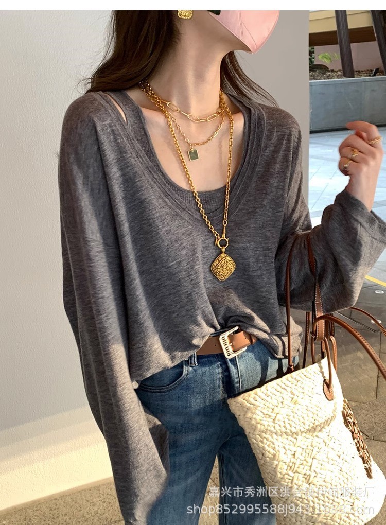A two-piece set of woolen sun protection long-sleeved knitted top and vest for women in Spring/Summer 2024, featuring a thin, loose and casual cardigan T-shirt pic 11