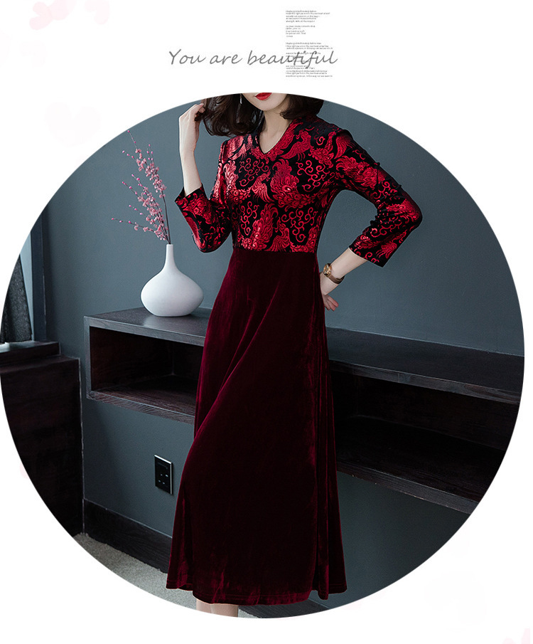 春秋新款女韩版宴会礼服妈妈装大码中年装长袖V领连衣裙 精品质量详情11