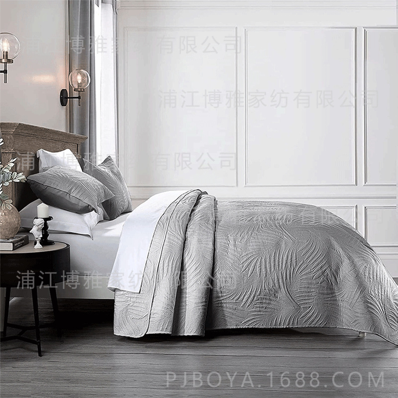 Leaf-shaped hotel universal bed cover jacquard three-piece set, polyester pure white ultrasonic high count and high density bedding pic 16