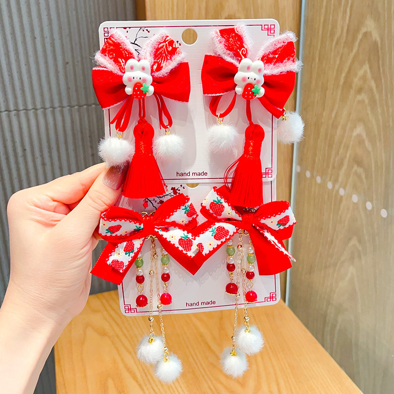 新年款红色古风流苏发夹儿童汉服发卡头饰女童复古蝴蝶结发夹发饰详情27