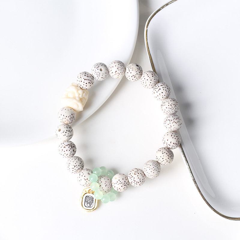 Retro star and moon Bodhi single-loop bracelet, national trend white jade Tara, lion dance running ring bracelet, Buddhist prayer beads, cultural and artistic jewelry pic 3
