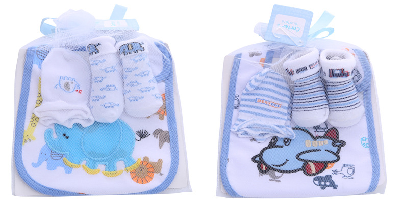 外贸货源纯棉条纹婴儿袜子 字母卡通可爱宝宝袜子手套口水巾套装详情2