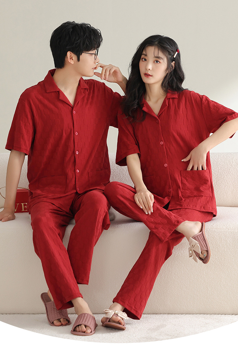 纯棉情侣睡衣夏季结婚新婚大码男士开衫长裤本命年红色家居服夏女详情2
