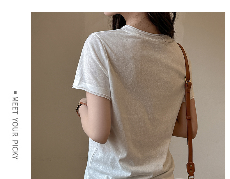 A new Korean-style small round neck, high-end design, off-the-shoulder short-sleeved T-shirt for women, versatile, loose snowflake cotton, slimming top pic 19