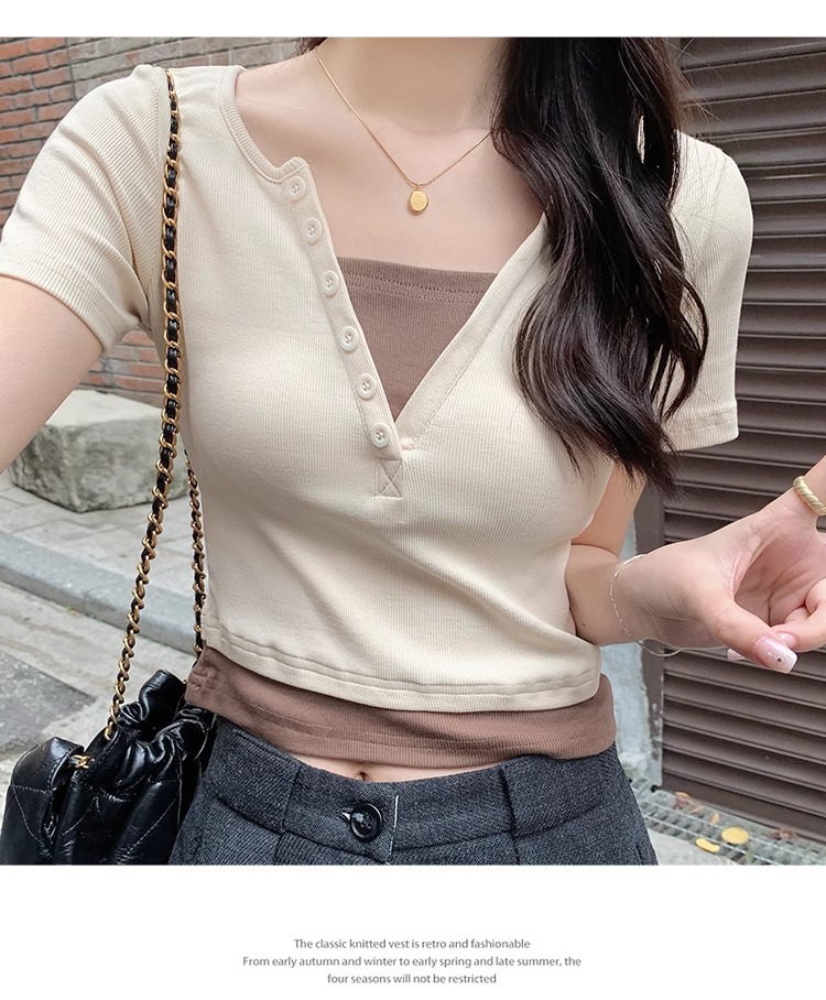 Pink V-neck off-the-shoulder T-shirt for women, short sleeve, new spring and summer style, two-piece design, slim and short, pure and sensual pic 23