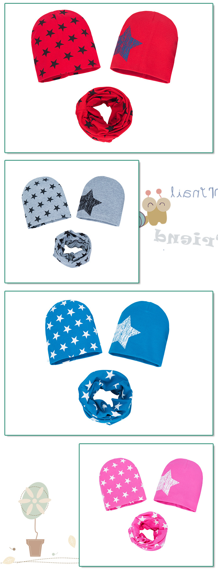 定制婴幼儿针织帽三件装 男女宝宝印花帽子围巾 无檐儿童围脖帽子详情11