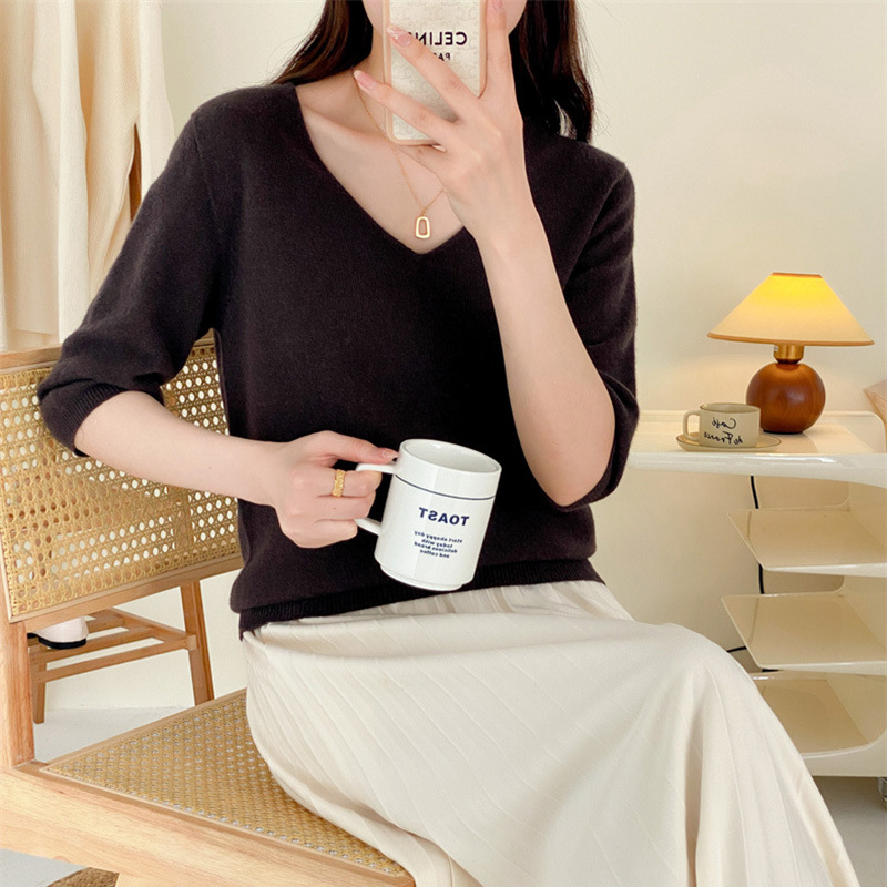 V-neck full wool knitted sweater for slimming and elegant look, seven-inch sleeve pullover wool sweater, sweater top #23127 pic 11