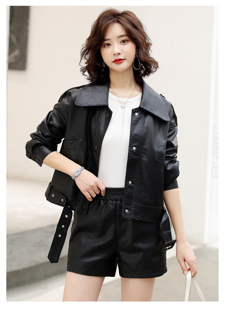 2022秋季新款女装皮拼接PU上衣短裤两件套短款皮衣休闲时尚套装详情23