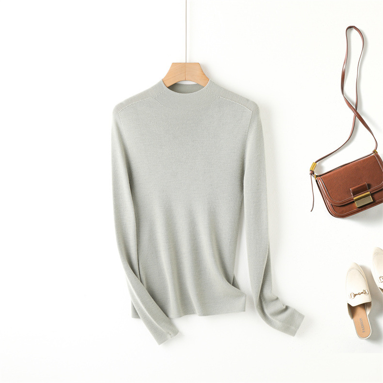 Fine-spun, machine-washable wool 100 knitted sweater design, semi-high collar, slimming, solid color autumn new wool sweater top pic 13