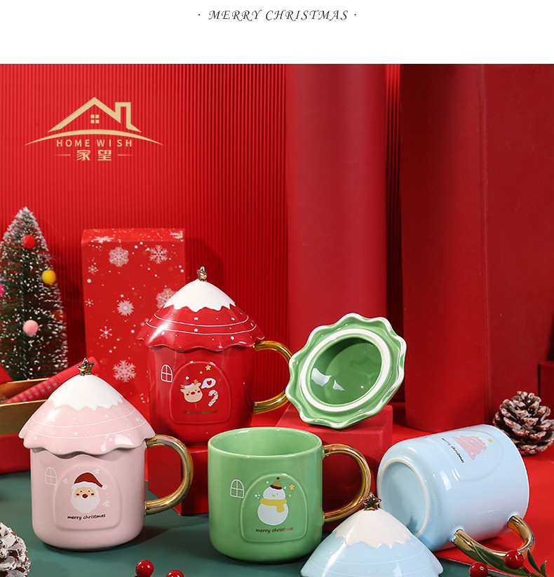 Wholesale of creative Christmas tree mugs, student Korean version cute ceramic Christmas water cups with LIDS pic 6