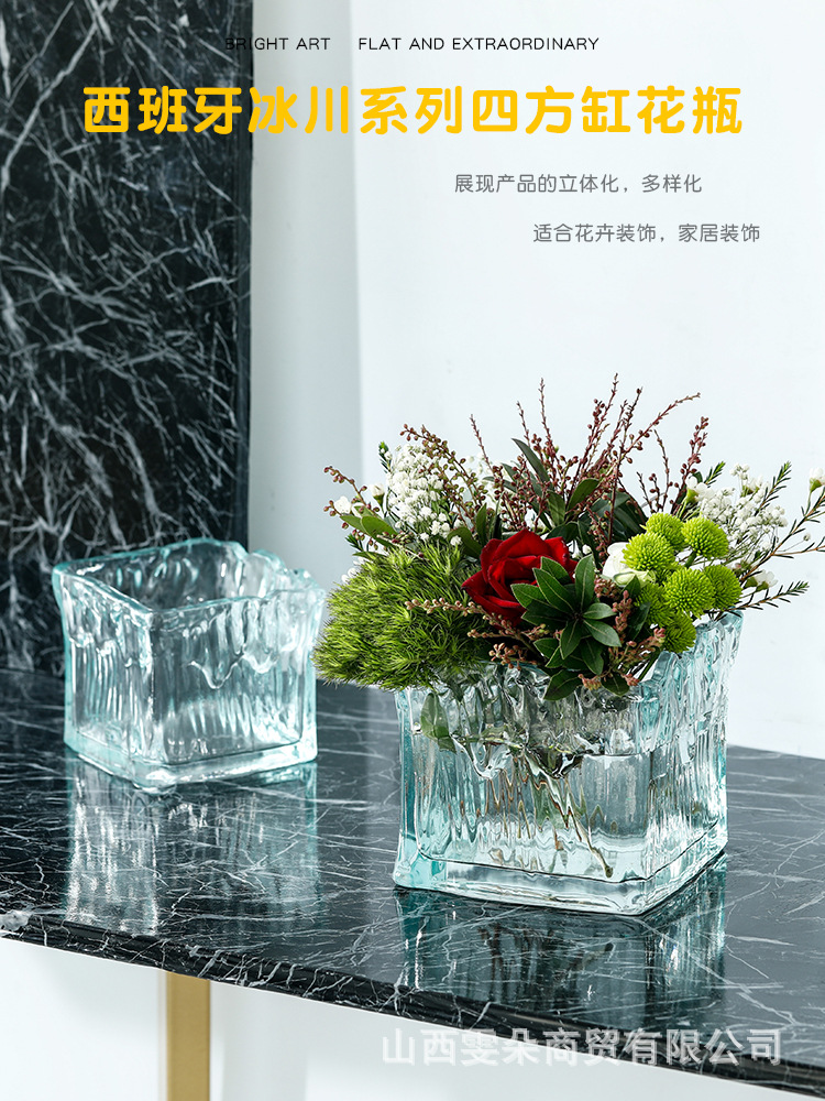 Wholesale glacier pattern square vases, modern and simple ins Spanish-style glass square vases, hydroponic ornaments pic 2