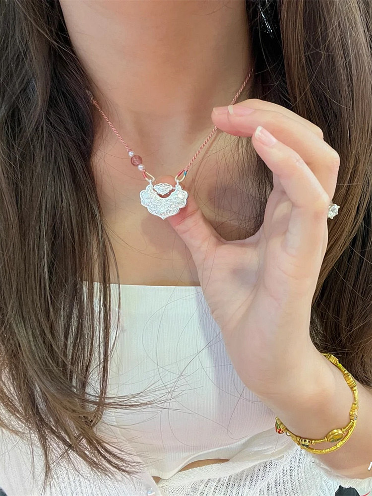 足银999锦鲤锁银莲花国风平安锁编织纯银项链双鱼如意长命锁锁骨详情20