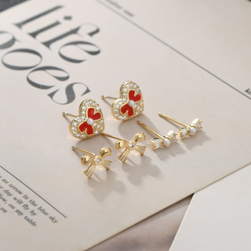 S925银针一卡三对套装耳钉女睡觉不用摘蝴蝶结爱心耳饰品百搭耳坠详情6