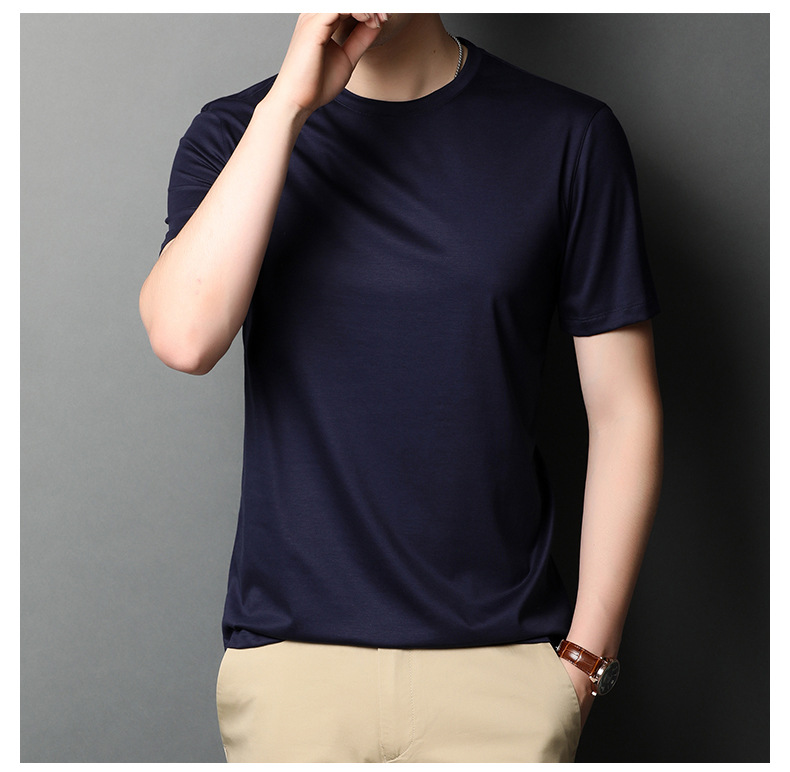 A new short-sleeved T-shirt for men made of mulberry silk in summer, with a round neck and solid color. It is a simple and thin Korean-style trendy base layer made of silk pic 37