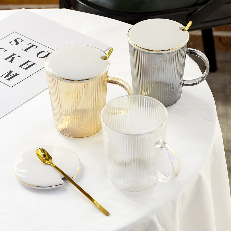 Creative summer high borosilicate glass cup, popular coffee cup, transparent vertical pattern afternoon tea cup set, tea brewing cup wholesale August ceramic pic 6