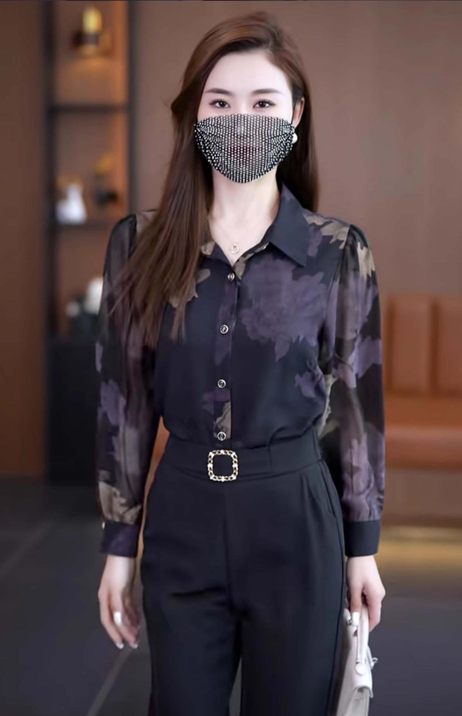 小个子时尚雪纺衬衫女士印花小衫2023早秋装新款长袖衬衣洋气上衣详情7
