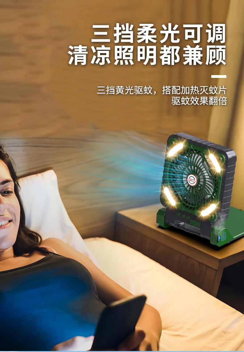睿燊 品牌跨境私模露营太阳能充电小风扇USB可折叠跑马灯户外桌面史迪仔款详情8
