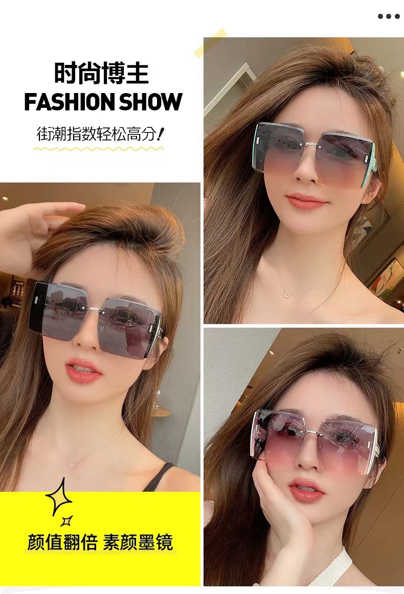 High-end square frameless trimmed sunglasses, trendy and cool sunglasses, fashionable glasses for women with large faces to make them look slimmer pic 2