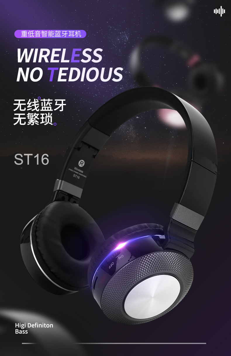 Cross-border over-ear wireless Bluetooth headphones ST16 retractable folding radio card Bluetooth headphones factory pic 1