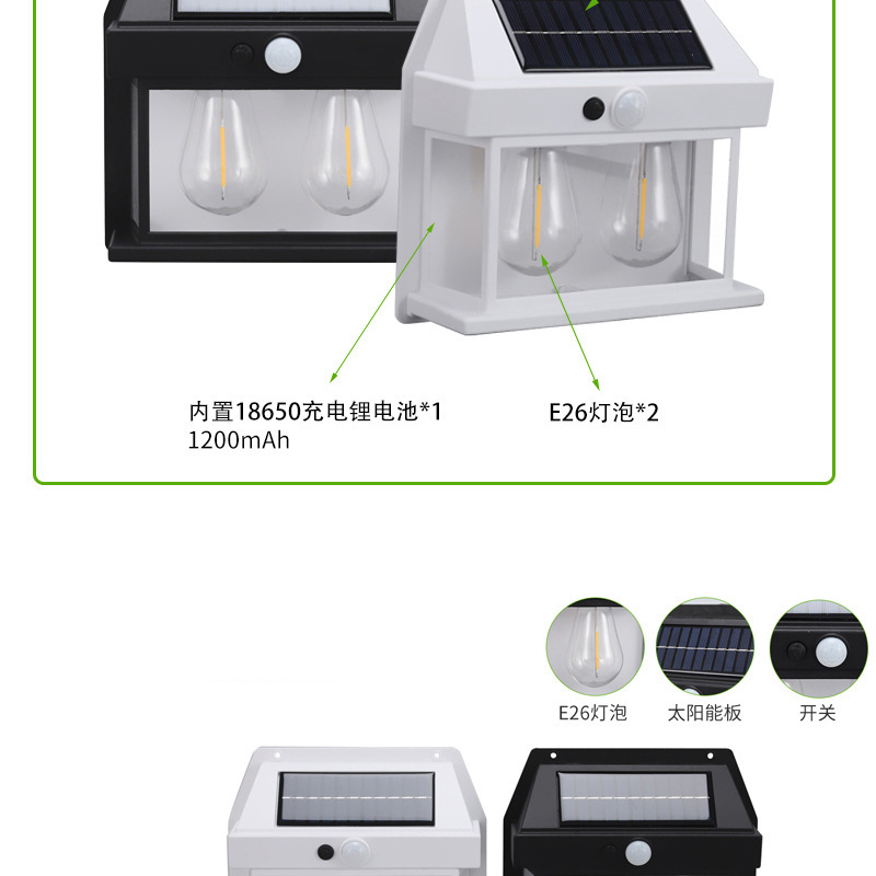 Cross-border bestseller TEMU solar tungsten filament wall lamp, human-sensing three-mode garden outdoor waterproof LED night light pic 7