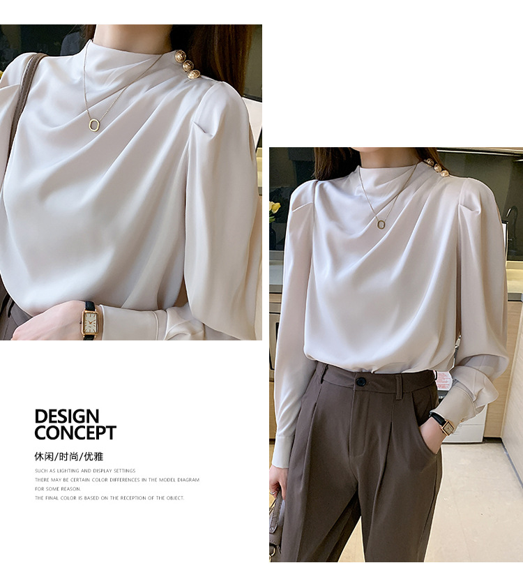 外贸供货2023轻熟气质立领褶皱灯笼袖时尚长袖上衣宽松女士衬衫详情29
