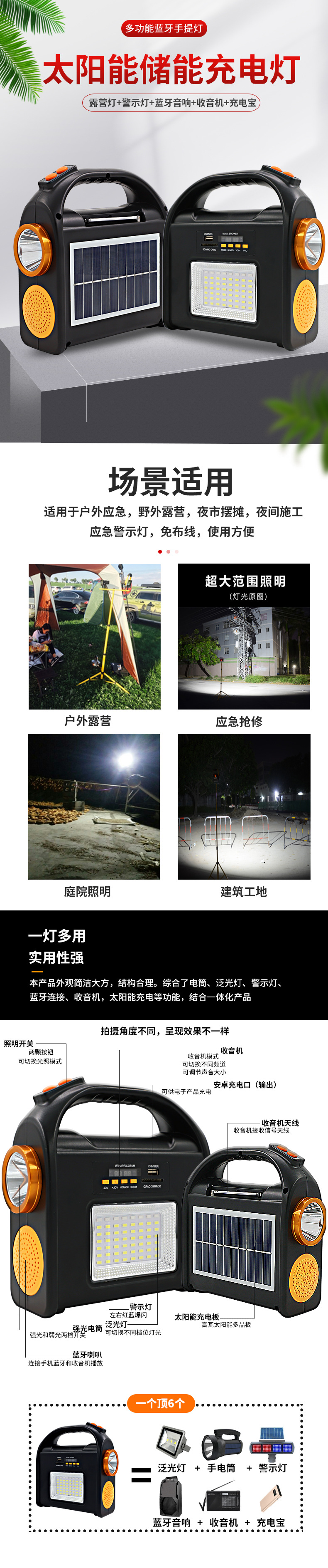 手提户外灯露营灯无线蓝牙音箱地摊夜市摆摊灯太阳能地摊照明灯详情1