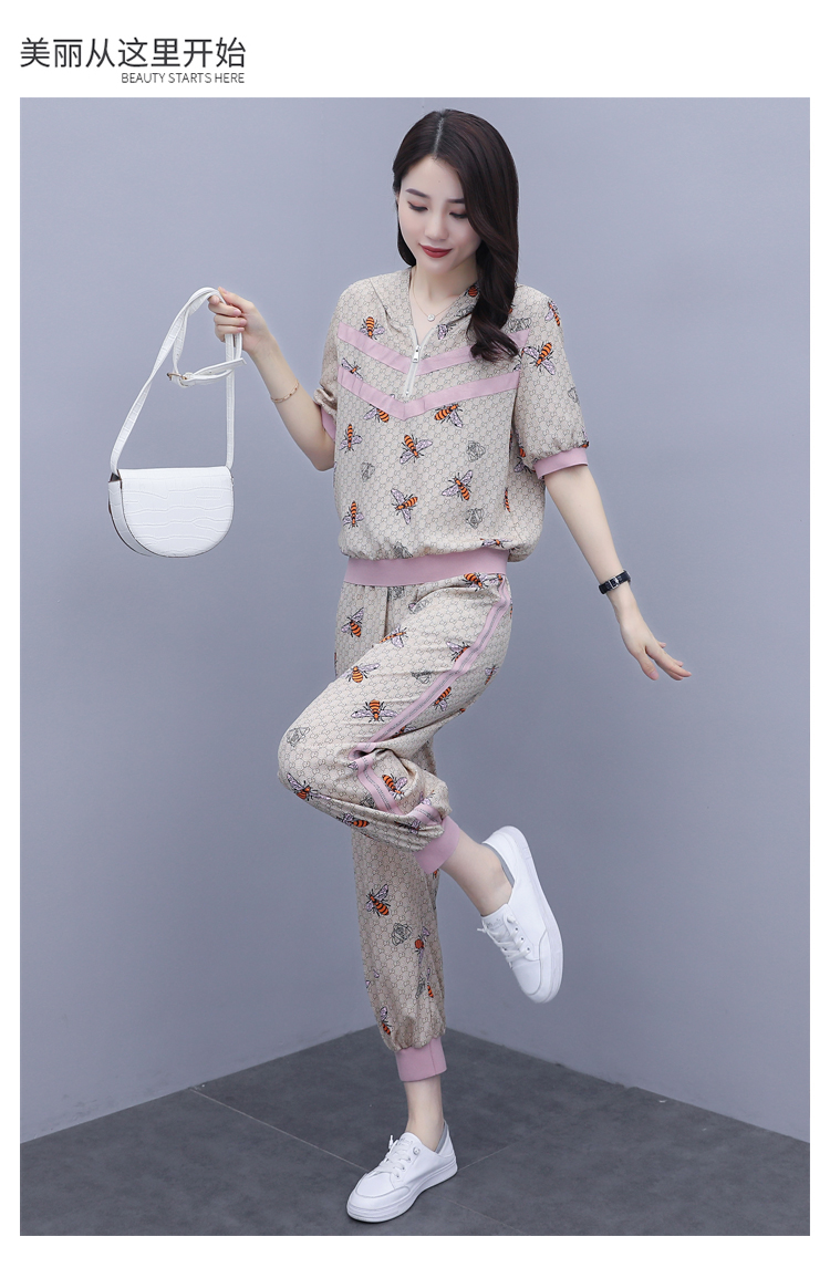 时尚套装女2022年夏季新款韩版宽松印花连帽上衣休闲小脚裤两件套详情8