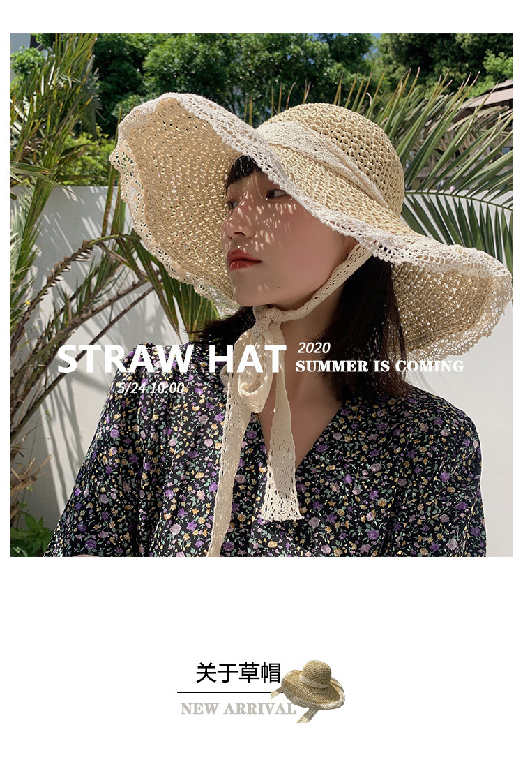Summer travel wide-brimmed lace sun protection hat, elegant and stylish forest style for women, adult hat, Japanese and Korean vacation lace straw hat pic 1