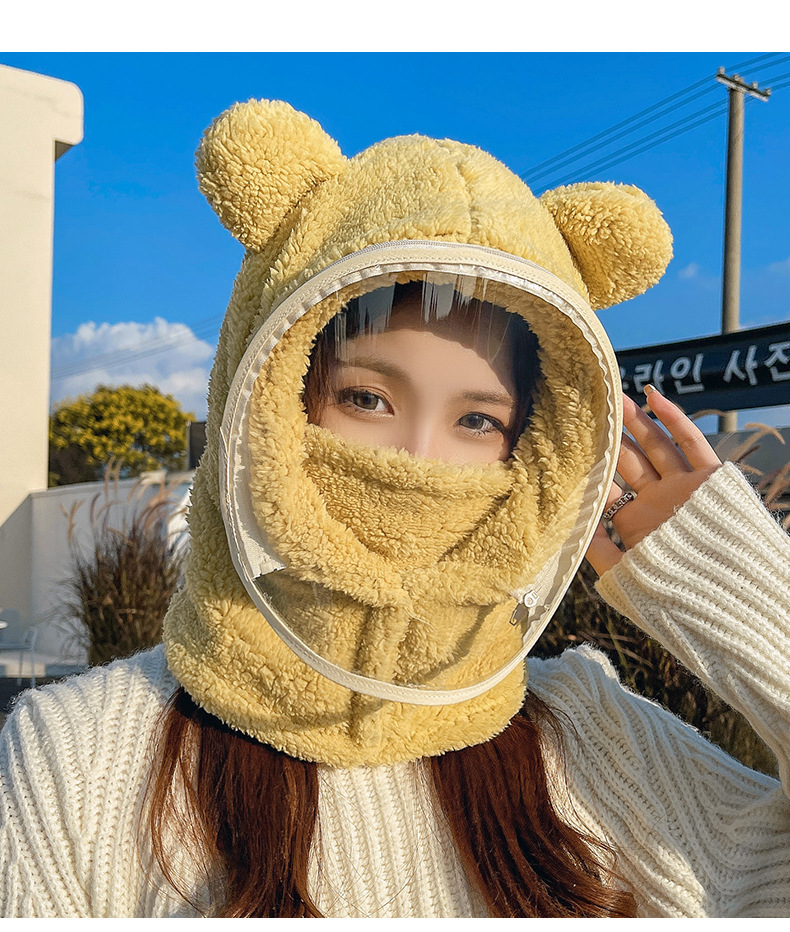 防风帽子带面罩女冬季骑车围脖一体帽加厚保暖护耳可爱小熊套头帽详情15