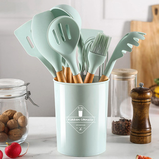 Cross-border best-selling 12-piece set of wooden handle kitchenware, FDA silicone non-stick cookware, cooking spatula and baking set with storage bucket pic 8