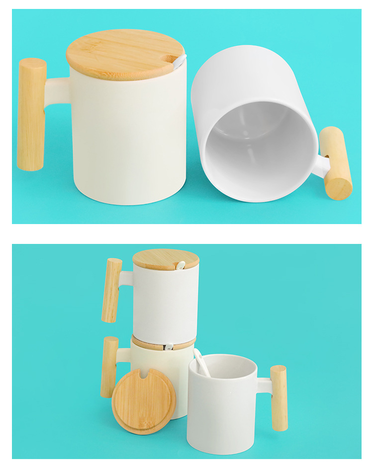 办公室木质手柄马克杯咖啡杯米色磨砂马克杯简约水杯木质杯盖勺子详情7