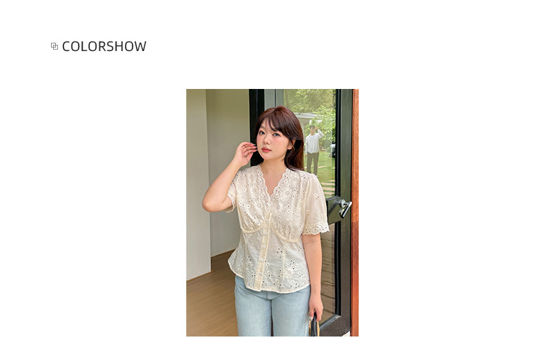 Korean lace-embroidered hollowed-out short-sleeved blouse for women in the summer of 2025, a new French waist-cinching top for chubby girls, 222447 pic 15