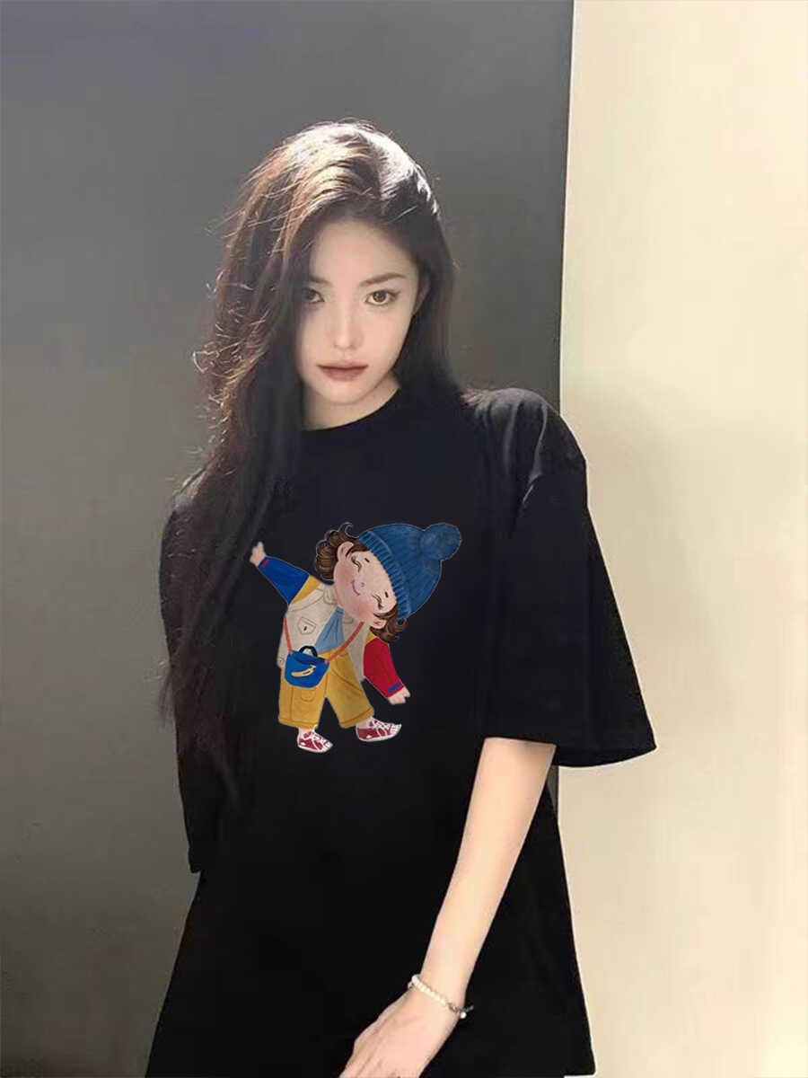 重磅纯棉正肩短袖t恤女2025夏季宽松新款ins美式卡通印花半袖上衣详情7