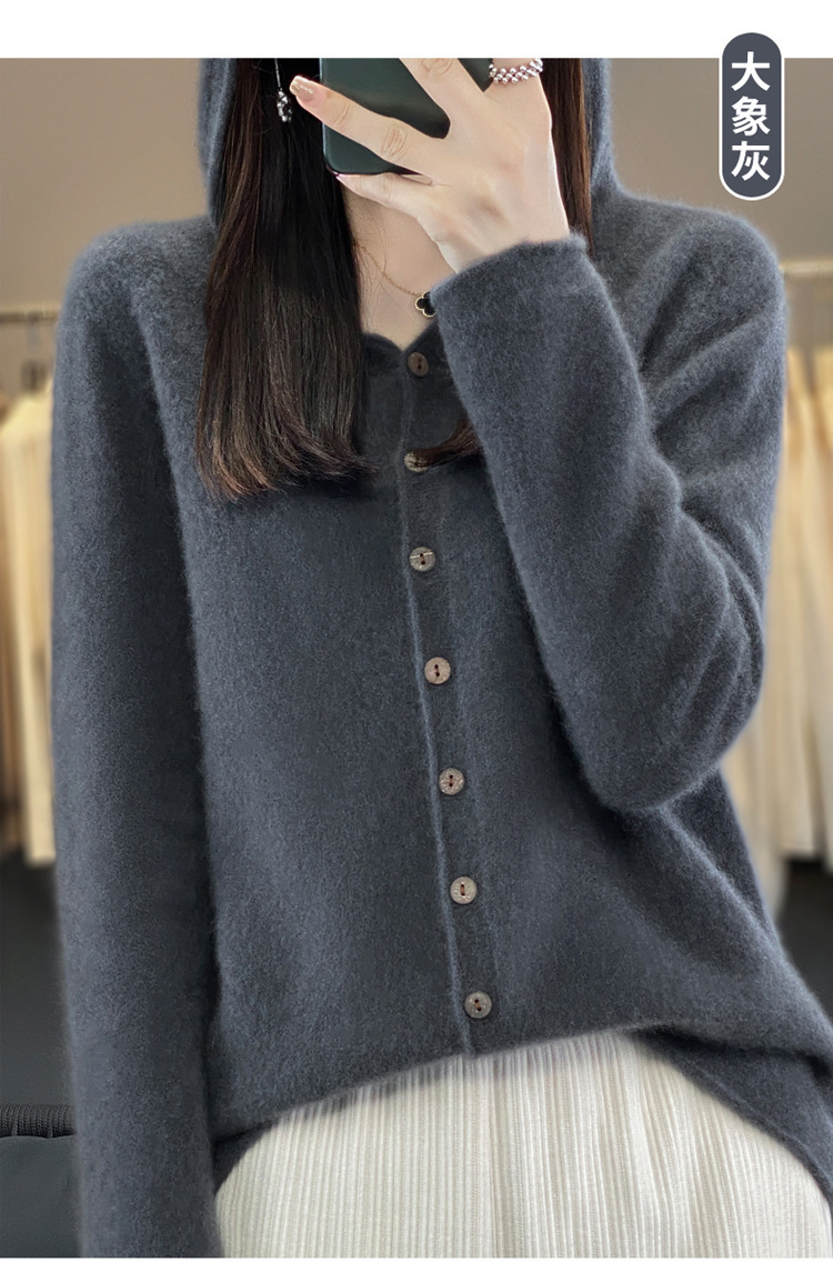 女士连帽100羊毛衫开衫百搭秋冬新款纯色一线成衣潮卫衣针织外套详情29