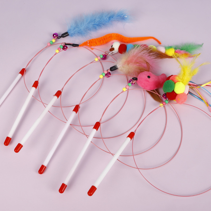 Fabricante al por mayor juguetes de gato transfronterizos peluche dos colores juguete de gato palo alambre pluma juguete de gato palo interactivo juguete de gato pic 9