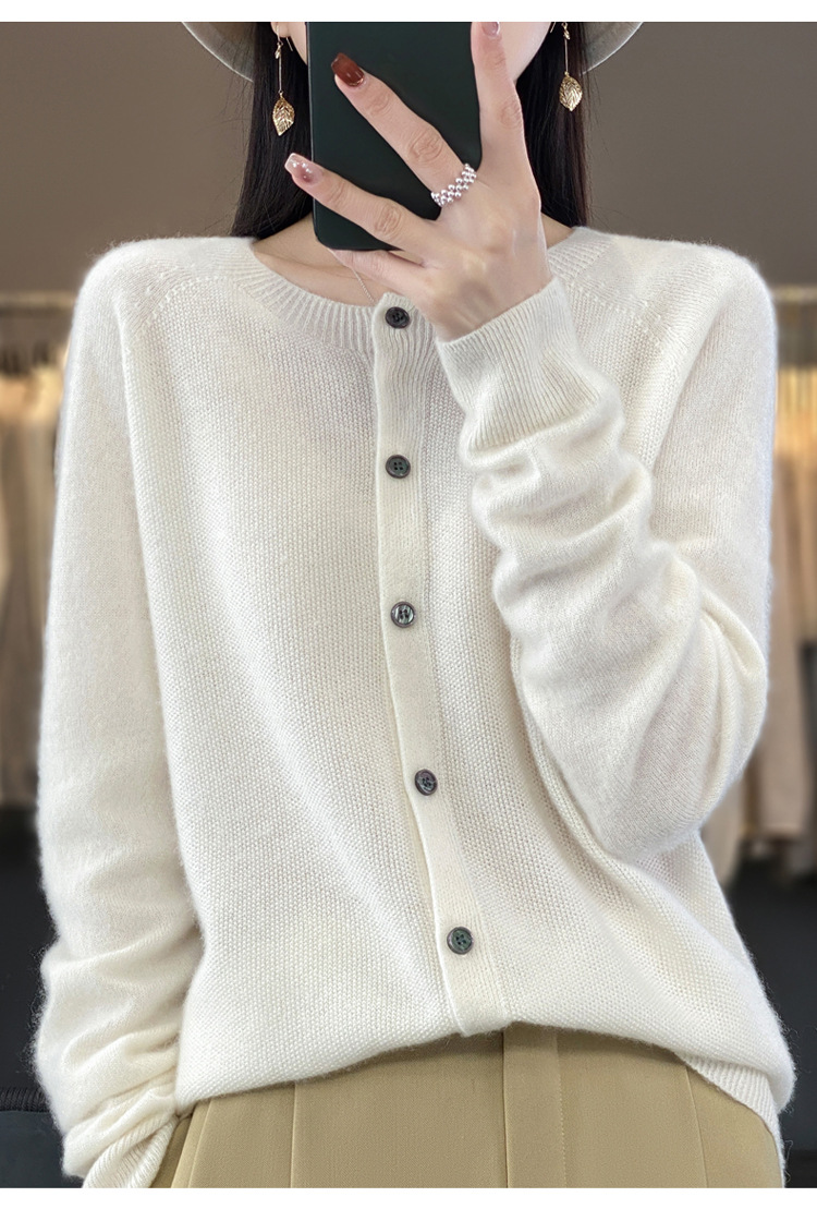 爆款批发秋冬季新款纯羊毛桂花针开衫宽松大码圆领羊毛衫详情35