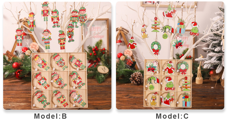 Cross-border new Christmas 18pcs wooden nine-grid pendant, Elf Grimm Gingerbread Man figurine Mahjong decoration, unique and creative wooden pendant pic 6